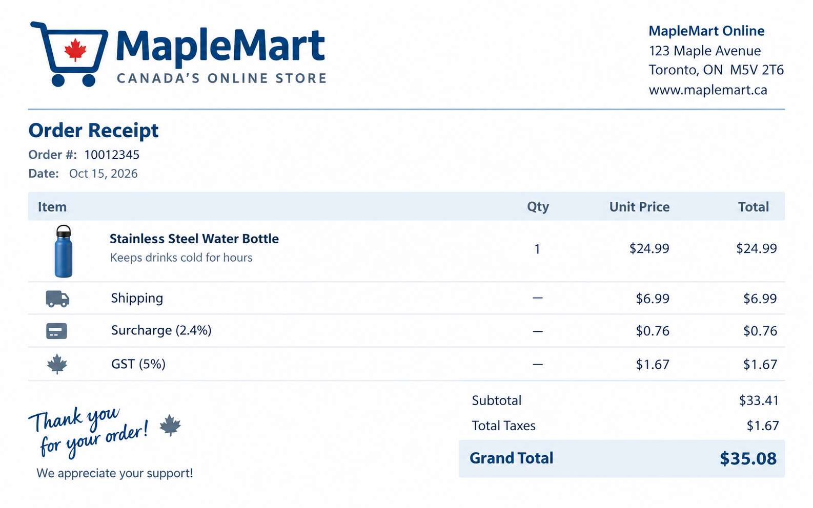 Ecommerce invoice with surcharge.