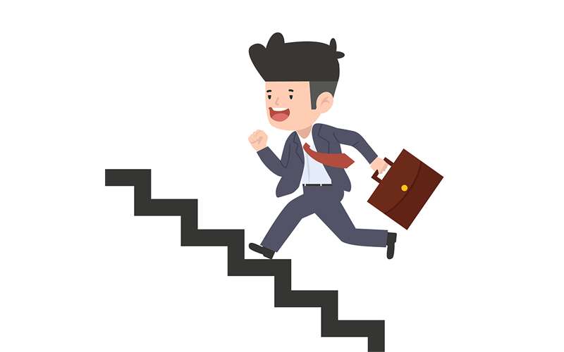 A man walking up a stairs representing upgrading his Shopify package.