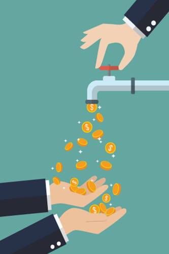 A tap turned on with money flowing out representing trading volume.