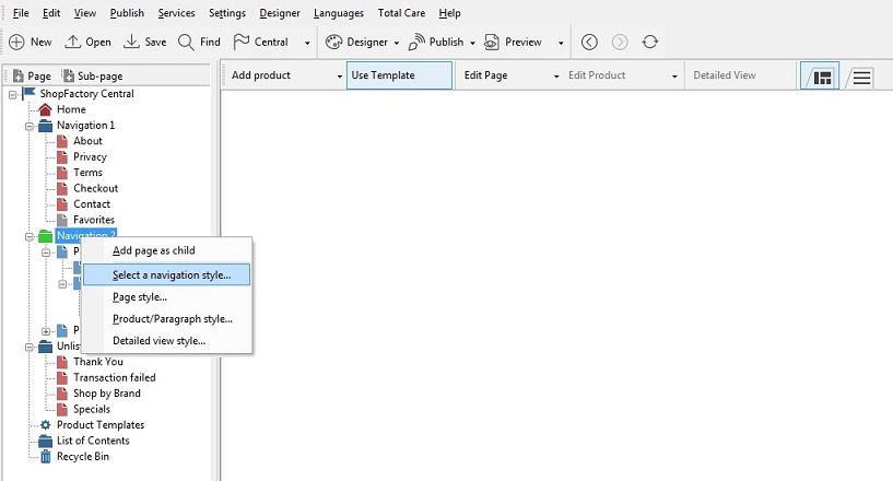ShopFactory editing navigating.