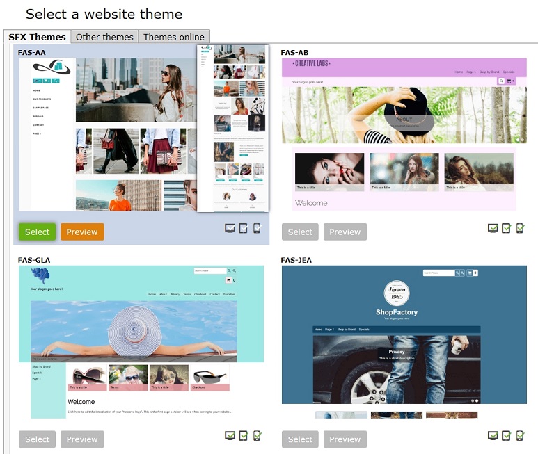 ShopFactory choose a theme screenshot.