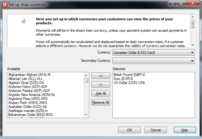 ShopFactory Multiple Currency Options.