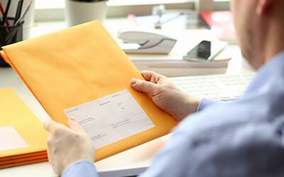 A man reading an address on an envelope representing Address Verification Service (AVS).
